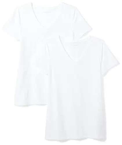 Produktbild: Amazon Essentials Damen Kurzärmeliges T-Shirt mit V-Ausschnitt, Klassischer Schnitt, 2er-Pack, Weiß, L