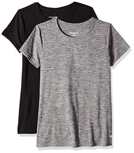 Produktbild: Amazon Essentials Damen Active Quick Dry Tech Stretch Kurzarm-T-Shirt mit Rundhalsausschnitt (in Übergröße erhältlich), 2er-Pack, Kohlegrau Space-dye/Schwarz, M