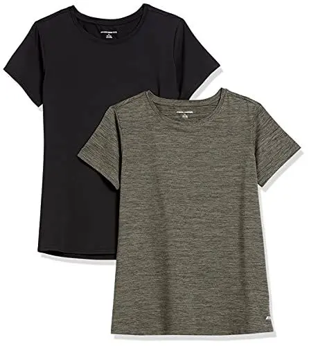 Produktbild: Amazon Essentials Damen Active Quick Dry Tech Stretch Kurzarm-T-Shirt mit Rundhalsausschnitt (in Übergröße erhältlich), 2er-Pack, Olivgrüner Weltraumfarbstoff/Schwarz, XL