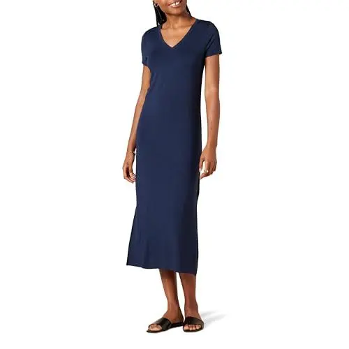 Produktbild: Amazon Essentials Damen Kurzärmliges, mittellanges Jersey-Kleid mit V-Ausschnitt, Marineblau, L