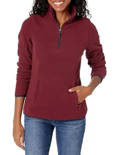 Produktbild: Amazon Essentials Damen Langärmelige Pulloverjacke aus Polarfleece mit Viertelreißverschluss, Klassischer Schnitt - Auslauffarben, Burgunderrot Marineblau, XS