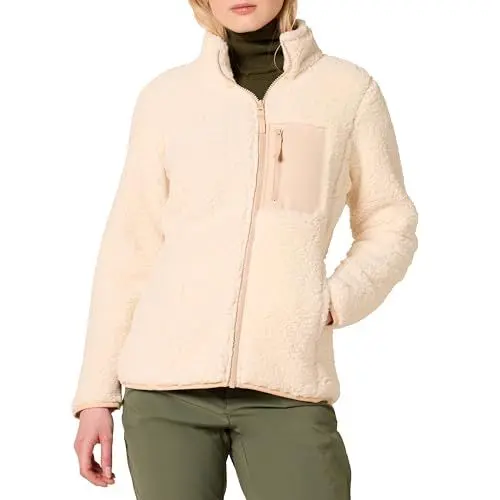 Produktbild: Amazon Essentials Damen Lange Sherpa-Jacke Mit Stehkragen, Durchgehendem Reißverschluss Und Gewebtem Saum (Erhältlich In Übergröße), Beige Farbblock, L