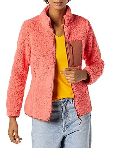 Produktbild: Amazon Essentials Damen Lange Sherpa-Jacke Mit Stehkragen, Durchgehendem Reißverschluss Und Gewebtem Saum (Erhältlich In Übergröße), Braun Korallenrosa Farbblock, M