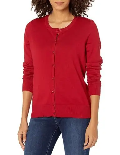 Produktbild: Amazon Essentials Damen Leichte Rundhalsstrickjacke (Erhältlich In Übergröße), Rot, L