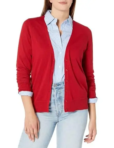 Produktbild: Amazon Essentials Damen Leichter Cardigan mit V-Ausschnitt (in Übergröße erhältlich), Rot, M