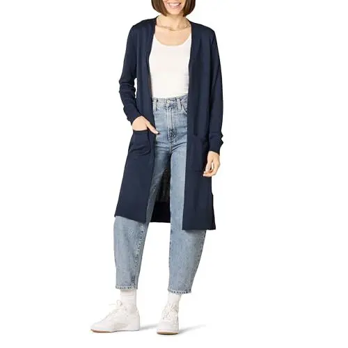 Produktbild: Amazon Essentials Damen Leichter, Länger Geschnittener, Langärmliger Cardigan-Pullover Mit Offener Vorderseite (In Übergröße Erhältlich), Marineblau, L