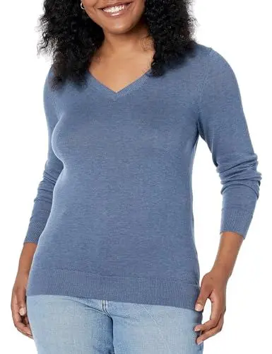 Produktbild: Amazon Essentials Damen Leichter, Langärmeliger Pullover Mit V-Ausschnitt, Klassischer Schnitt (Erhältlich In Übergröße), Blau Heide, S