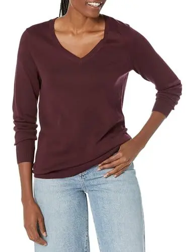 Produktbild: Amazon Essentials Damen Leichter, Langärmeliger Pullover Mit V-Ausschnitt, Klassischer Schnitt (Erhältlich In Übergröße), Dunkles Burgunderrot, S