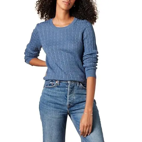 Produktbild: Amazon Essentials Damen Leichter Langarm-Pullover Mit Rundhalsausschnitt Mit Zopfmuster (Erhältlich In Übergröße), Blau Heide, M