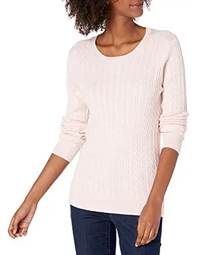 Produktbild: Amazon Essentials Damen Leichter Langarm-Pullover Mit Rundhalsausschnitt Mit Zopfmuster (Erhältlich In Übergröße), Hellrosa, M
