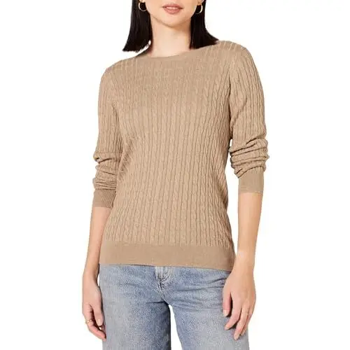Produktbild: Amazon Essentials Damen Leichter Langarm-Pullover Mit Rundhalsausschnitt Mit Zopfmuster (Erhältlich In Übergröße), Kamelbraun Meliert, M