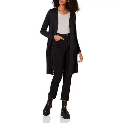Produktbild: Amazon Essentials Damen Leichter, Länger Geschnittener, Langärmliger Cardigan-Pullover Mit Offener Vorderseite (In Übergröße Erhältlich), Schwarz, M