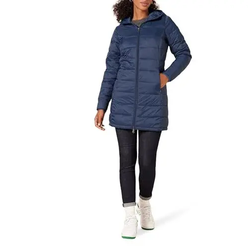 Produktbild: Amazon Essentials Damen Leichter, wasserabweisender, verstaubarer Puffermantel mit Kapuze (erhältlich in Übergrößen), Marineblau, L