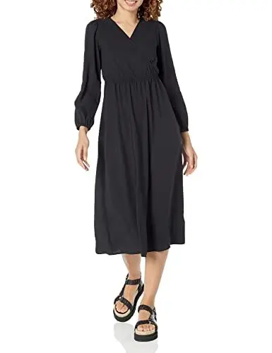 Produktbild: Amazon Essentials Damen Leichtes Georgette-Midikleid mit Langen Ärmeln und V-Ausschnitt (in Übergröße erhältlich), Schwarz, XS