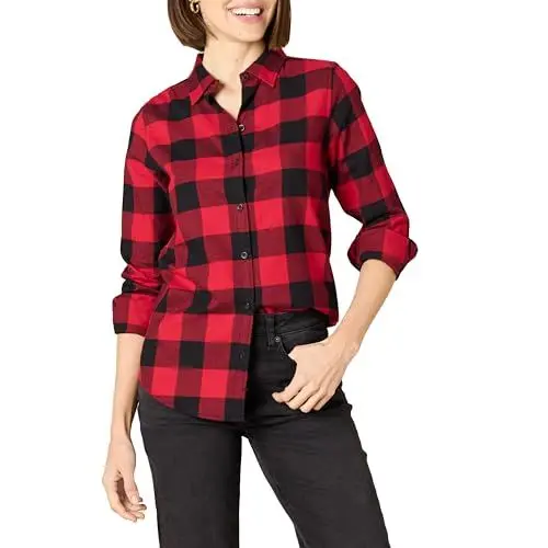 Produktbild: Amazon Essentials Damen Langärmliges leichtes kariertes Flanellhemd in klassischer Passform, Rot Buffalo Karos, XL