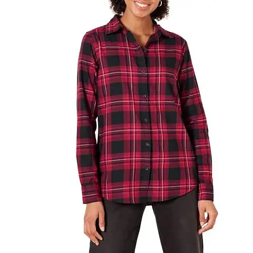 Produktbild: Amazon Essentials Damen Regular-Fit Leichtes Kariertes Langarm-Flanellhemd, Schwarz Rosa Schottenkaros Chelsea, L