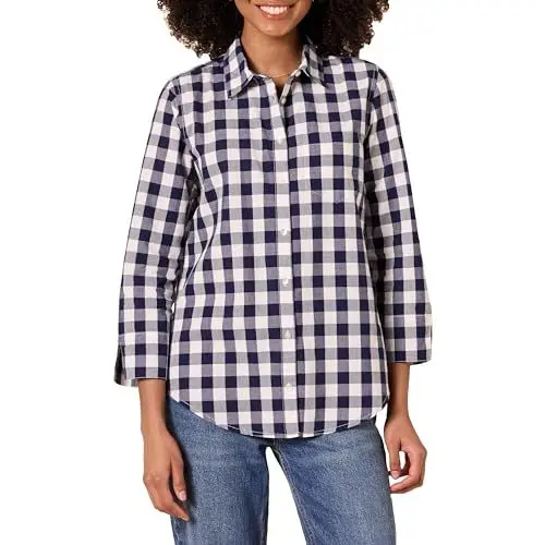 Produktbild: Amazon Essentials Damen Popeline-Hemd mit 3/4-Ärmeln, Klassischer Schnitt, Marineblau Weiß Kariert, XXL