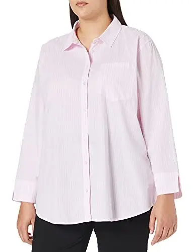 Produktbild: Amazon Essentials Damen Popeline-Hemd mit 3/4-Ärmeln, Klassischer Schnitt, Rosa Streifen, XL