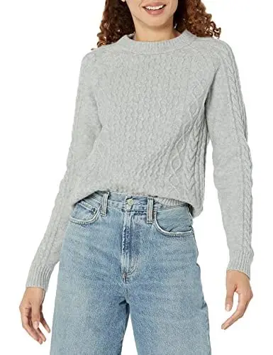 Produktbild: Amazon Essentials Damen Pullover mit Zopfmuster, Hellgrau Meliert, XS