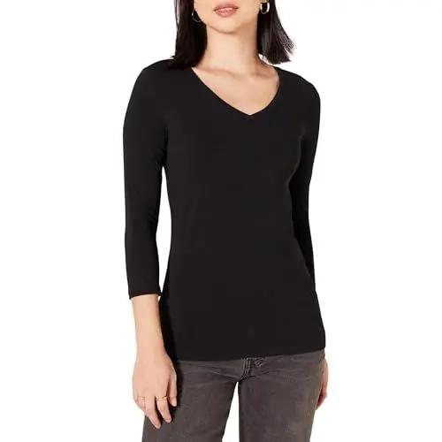 Produktbild: Amazon Essentials Damen Regular-Fit-T-Shirt 3/4-Ärmeln V-Ausschnitt (In Übergröße Erhältlich), Schwarz, S
