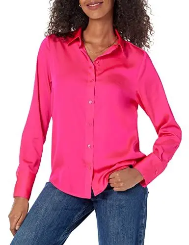 Produktbild: Amazon Essentials Damen Satin-Bluse mit Knopfleiste in klassischer Passform (in Übergröße erhältlich), Neonrosa, XS