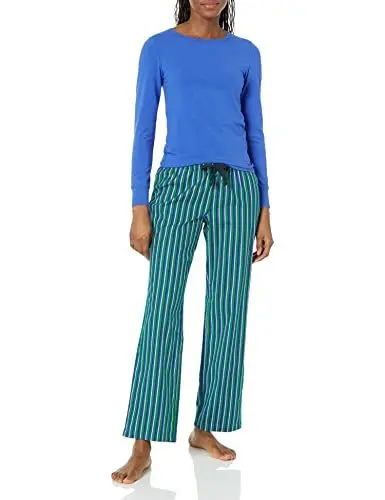 Produktbild: Amazon Essentials Damen Schlaf-Set leichte Flanellhose und langärmeliges-T-Shirt, Blau Grün Streifen, XXS
