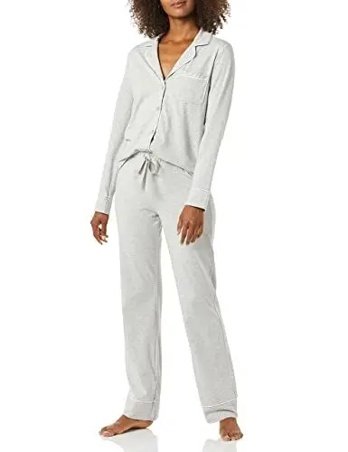 Produktbild: Amazon Essentials Damen Schlafanzug-Set Baumwollmodal langärmliges Hemd und Lange Hose, Grau Meliert, L