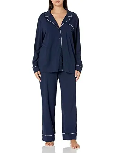 Produktbild: Amazon Essentials Damen Schlafanzug-Set Baumwollmodal langärmliges Hemd und Lange Hose, Marineblau, M