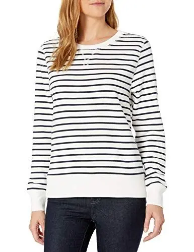 Produktbild: Amazon Essentials Damen Sweatshirt Aus French Terry Fleece Mit Rundhalsausschnitt (In Übergröße Erhältlich), Marineblau Weiß Querstreifen, XL