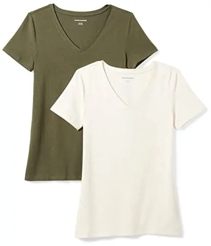 Produktbild: Amazon Essentials Damen T-Shirt Regular Fit mit kurzen Ärmeln und V-Ausschnitt, 2er-Pack, Olivgrün/Haferbeige Meliert, XL