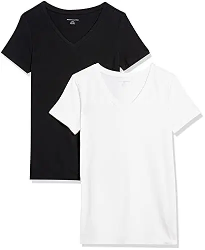 Produktbild: Amazon Essentials Damen T-Shirt Regular Fit mit kurzen Ärmeln und V-Ausschnitt, 2er-Pack, Schwarz/Weiß, L