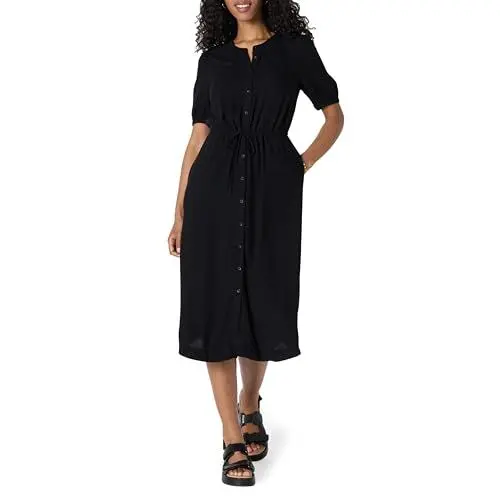 Produktbild: Amazon Essentials Damen Tailliertes Midikleid in A-Linie mit Halben Ärmeln und Ausgestelltem Rockteil mit Taschen, Schwarz, L