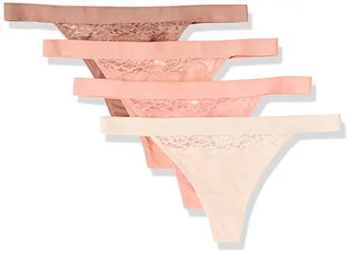 Produktbild: Amazon Essentials Damen Tanga-Unterwäsche Baumwolle und Spitze, 4er-Pack, Lachsrosa/Braun/Hellrosé, 36