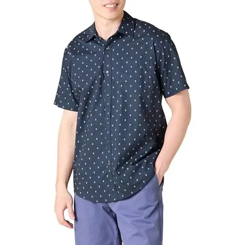 Produktbild: Amazon Essentials Herren Kurzärmeliges Hemd mit Aufdruck, Normale Passform, Marineblau Weiß Ankermuster, L
