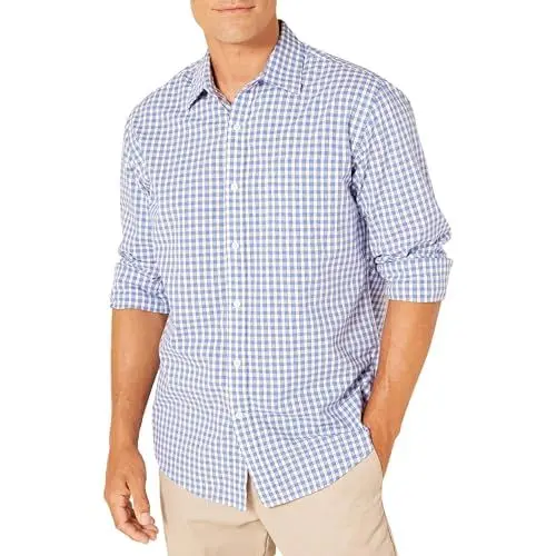 Produktbild: Amazon Essentials Herren Lässiges langärmeliges Popeline-Hemd normale Passform, Blau Checks, S