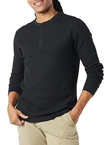Produktbild: Amazon Essentials Herren Langärmeliges Waffel-Henley, Normale Passform, Schwarz, M