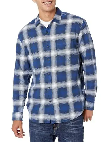Produktbild: Amazon Essentials Herren Langarmhemd aus Flanell (in Übergröße erhältlich), Blau Weiß Großes Karo, L
