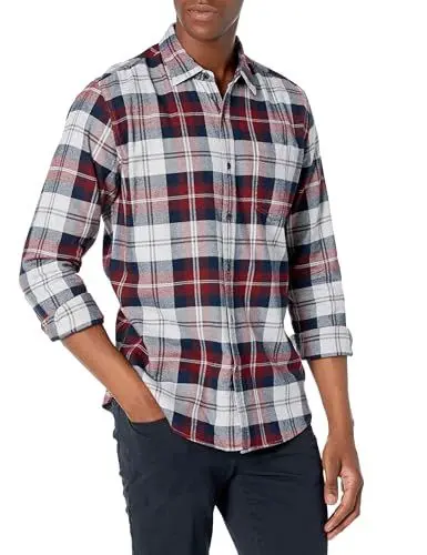 Produktbild: Amazon Essentials Herren Langarmhemd aus Flanell (in Übergröße erhältlich), Burgunderrot Grau Karomuster, XL