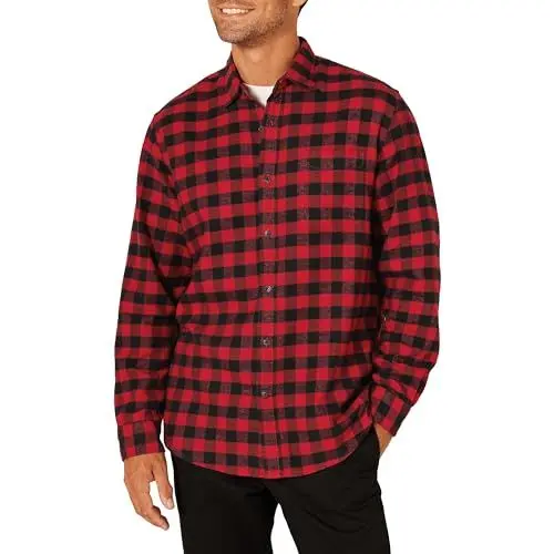 Produktbild: Amazon Essentials Herren Langarmhemd aus Flanell (in Übergröße erhältlich), Schwarz Rot Buffalokaros, S