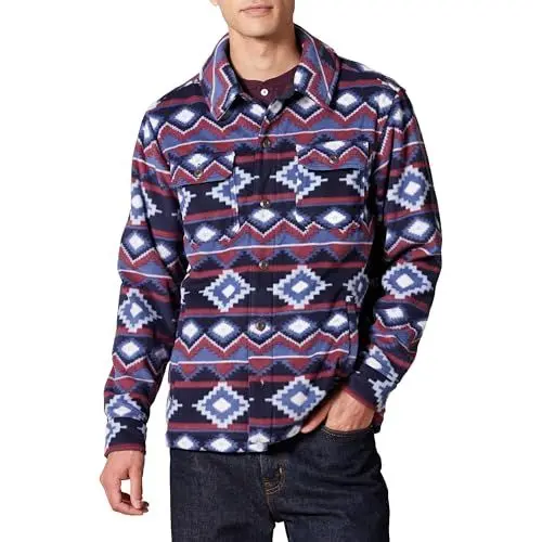 Produktbild: Amazon Essentials Herren Polar-Fleece-Hemdjacke mit Langen Ärmeln - Auslauffarben, Burgunderrot Marineblau Geometrisches Muster, S