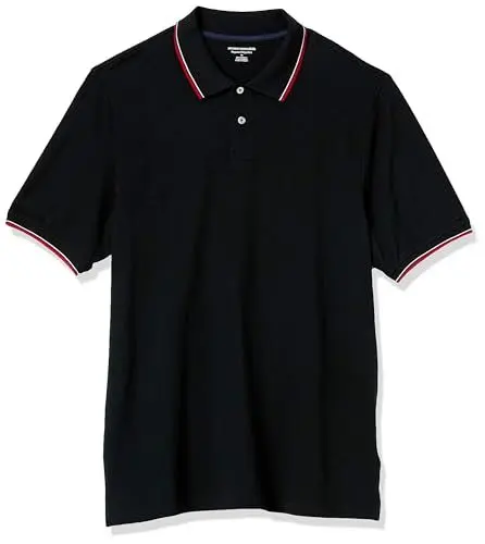 Produktbild: Amazon Essentials Herren Polohemd aus Baumwollpiqué in normaler Passform (erhältlich in Übergrößen), Schwarz Rot Weiß Thin Stripe, L