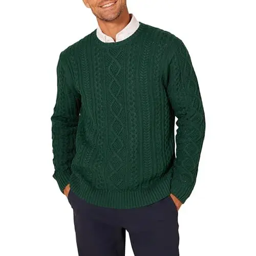Produktbild: Amazon Essentials Herren Pullover mit Langen Ärmeln und Rundhalsausschnitt aus 100% Baumwolle mit Zopfmuster, Dunkelgrün, XS