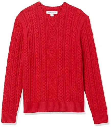 Produktbild: Amazon Essentials Herren Pullover mit Langen Ärmeln und Rundhalsausschnitt aus 100% Baumwolle mit Zopfmuster, Rot, M