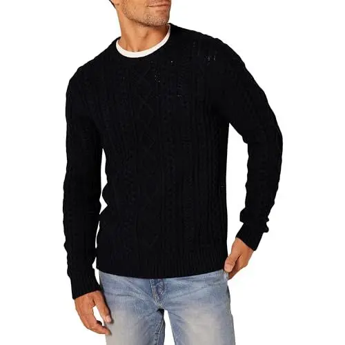 Produktbild: Amazon Essentials Herren Pullover mit Langen Ärmeln und Rundhalsausschnitt aus 100% Baumwolle mit Zopfmuster, Schwarz, M