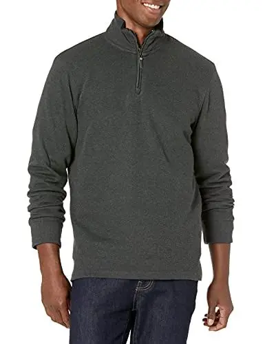 Produktbild: Amazon Essentials Herren Pullover mit Viertelreißverschluss, Französischer Rippstrick, Dunkelgrau Meliert, L