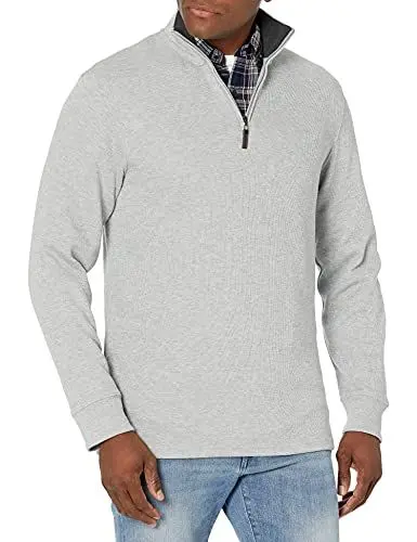 Produktbild: Amazon Essentials Herren Pullover mit Viertelreißverschluss, Französischer Rippstrick, Hellgrau Meliert, M
