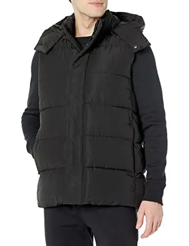 Produktbild: Amazon Essentials Herren Wasserabweisende Daunenweste aus recyceltem Polyester mit Kapuze in lockerer Passform (zuvor Amazon Aware), Verwaschenes Schwarz, S