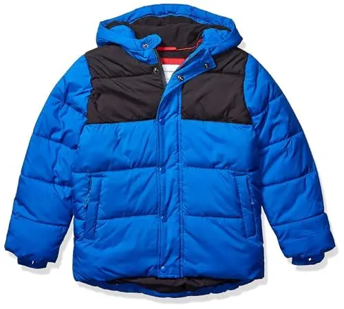 Produktbild: Amazon Essentials Jungen Schwere Pufferjacke mit Kapuze, Kobaltblau Schwarz Farbblock, 8 Jahre