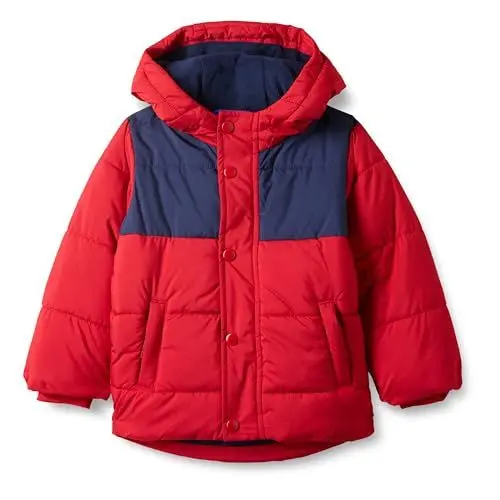 Produktbild: Amazon Essentials Jungen Schwere Pufferjacke mit Kapuze, Marineblau Rot Farbblock, 2 Jahre