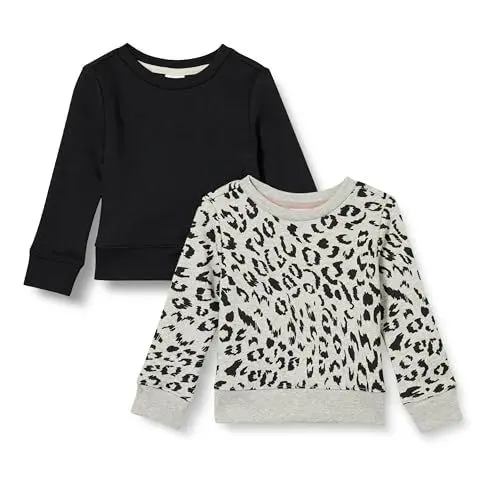 Produktbild: Amazon Essentials Mädchen Fleece-Pullover-Sweatshirts Mit Rundhalsausschnitt, 2er-Pack, Hellgrau Meliert Leopardenmuster/Schwarz, 6-7 Jahre
